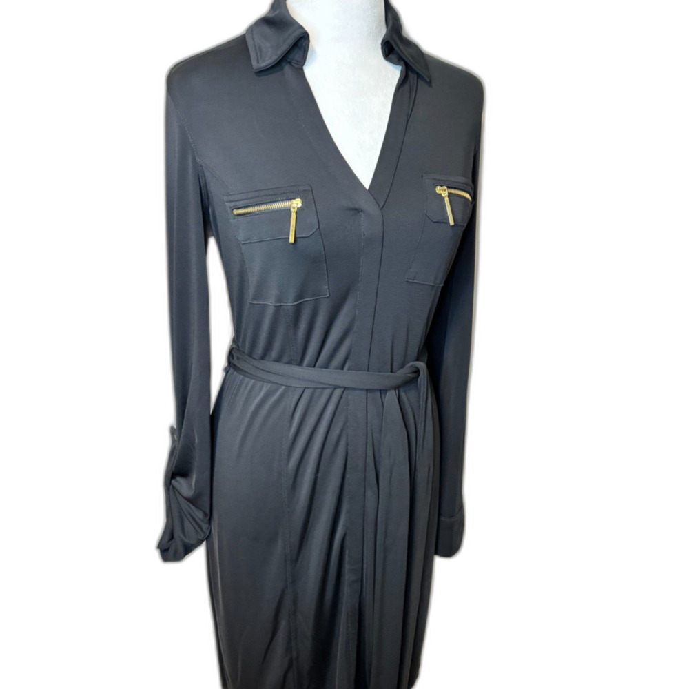 INC International Concepts Shirt Dress Deep Black Long Sleeve Tie Waist Womens